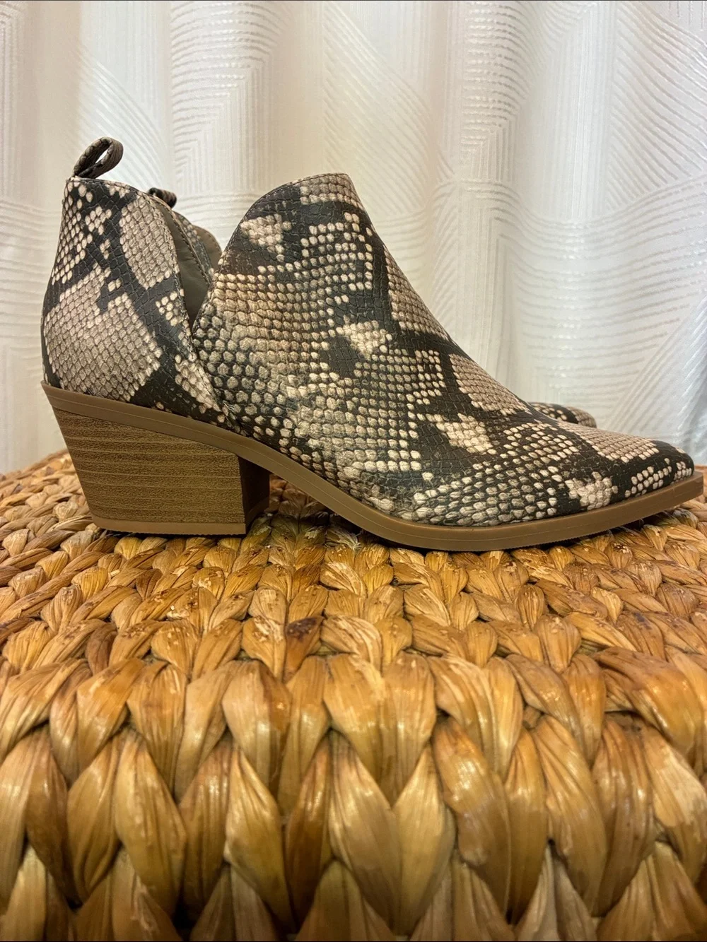 Universal Thread Snake-Print Ankle Booties in Black and Cream